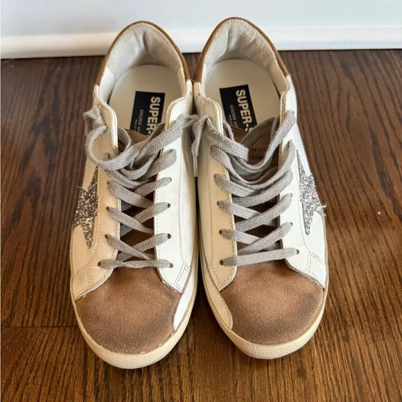 Golden Goose White and Brown Sneakers with Glitter Star - Picture 4 of 6